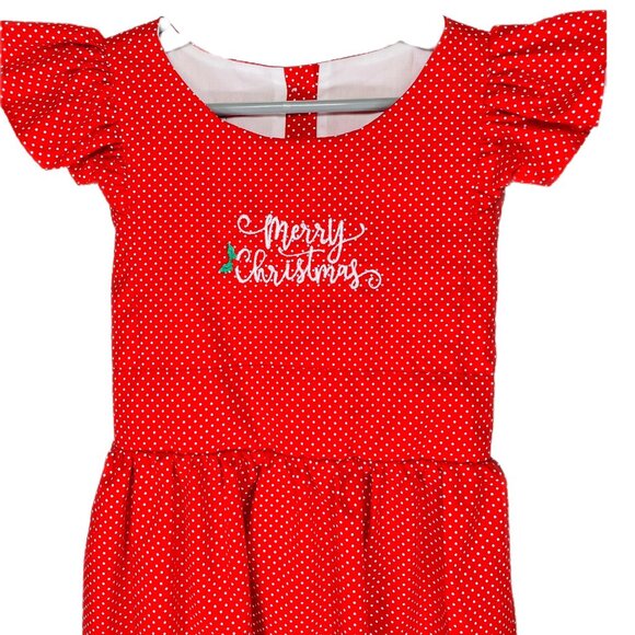 Girls Red Polka Dot Winter Christmas Holiday Embroidered Ruffle Sleeve Dress 6 - Picture 6 of 7